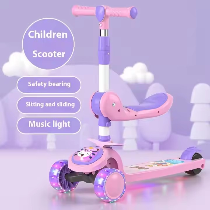 202 Light Up Foldable 3-Wheel Kids Scooter Height Adjustable