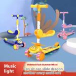 Blue Foldable 3-Wheel Plastic & Steel PU Kick Scooter with Light Included Height Adjustable for 2-12 Years Old Kids and Babies