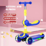 Blue Foldable 3-Wheel Plastic & Steel PU Kick Scooter with Light Included Height Adjustable for 2-12 Years Old Kids and Babies