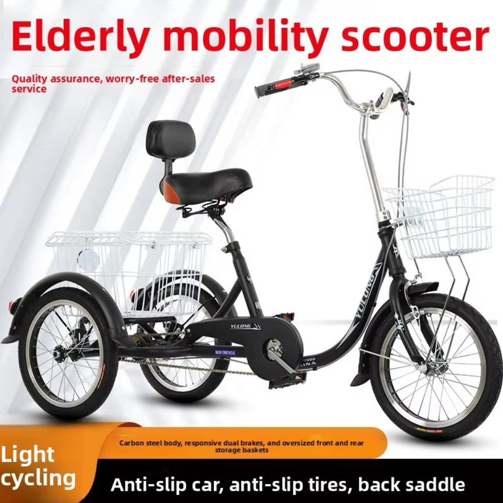 Black Small Size Lightweight Folding Tricycle for Elderly Middle-aged Adults Open Cargo Basket Leisure Mobility Bike
